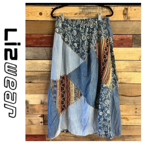 Vintage LIZWEAR Patchwork Embroidered Denim Skirt - Picture 1 of 13